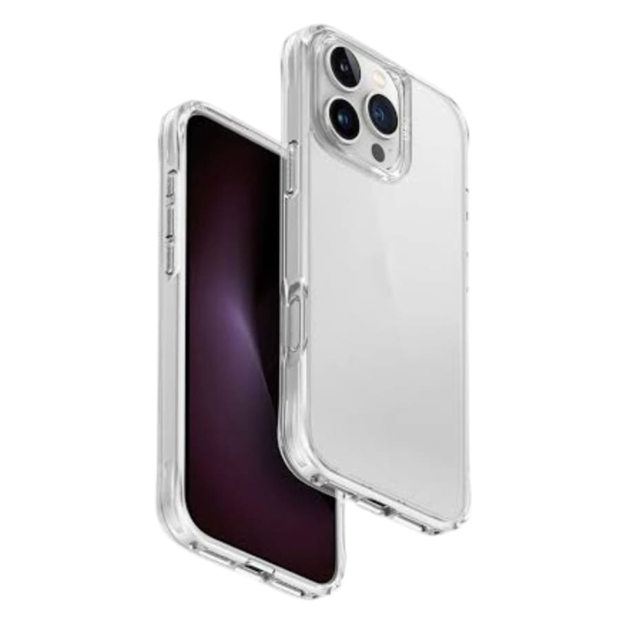 Clear 9eight5 iPhone 16 Pro Max (6.7”) phone case showing slim, transparent design with precise cutouts for buttons and camera.