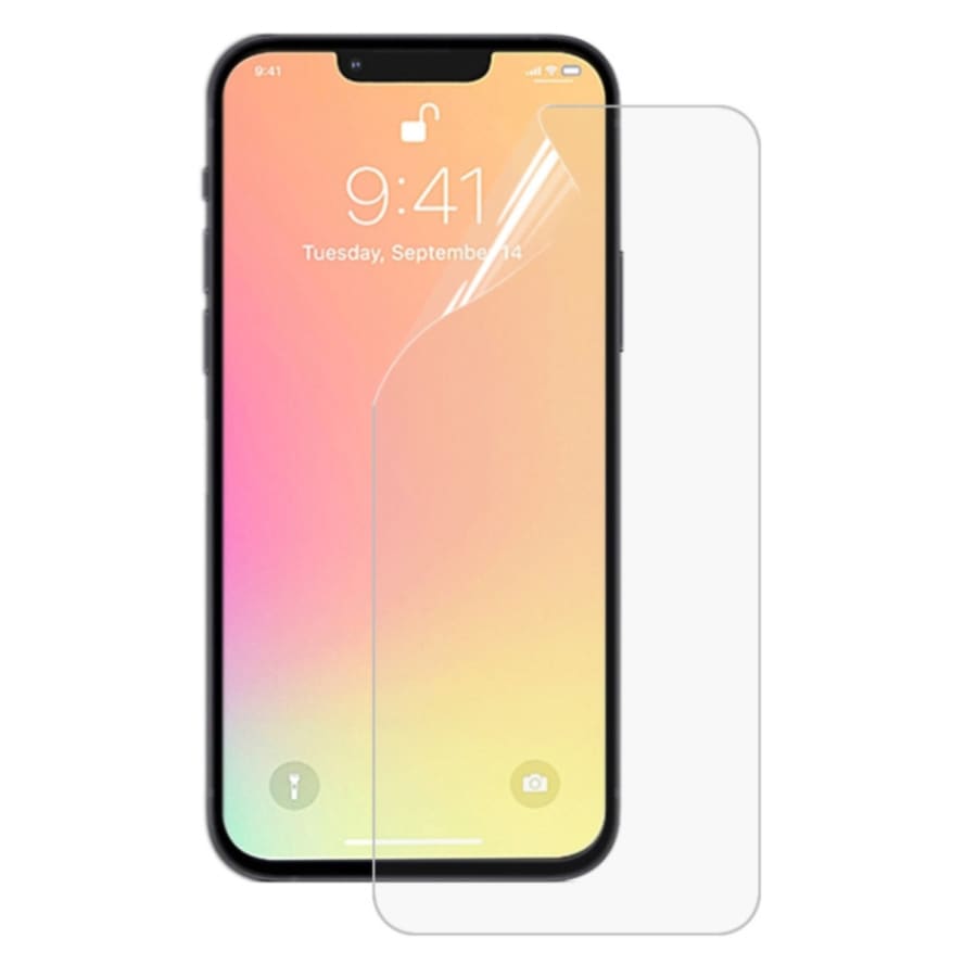 Two 9eight5 Hydrogel Screen Protectors for iPhone 17, clear and flexible screen protection, shown on an iPhone 17 device.