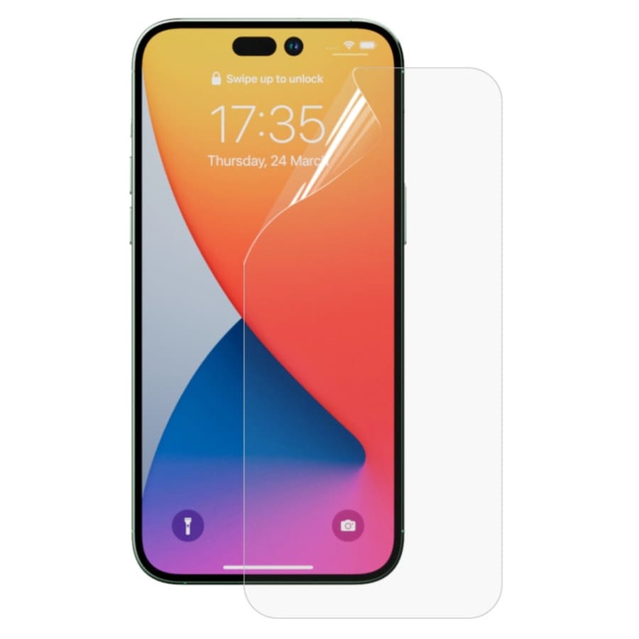 Hydrogel screen protectors for iPhone 17 Pro from 9eight5, pack of 2, showing transparent protectors on the phone screen.