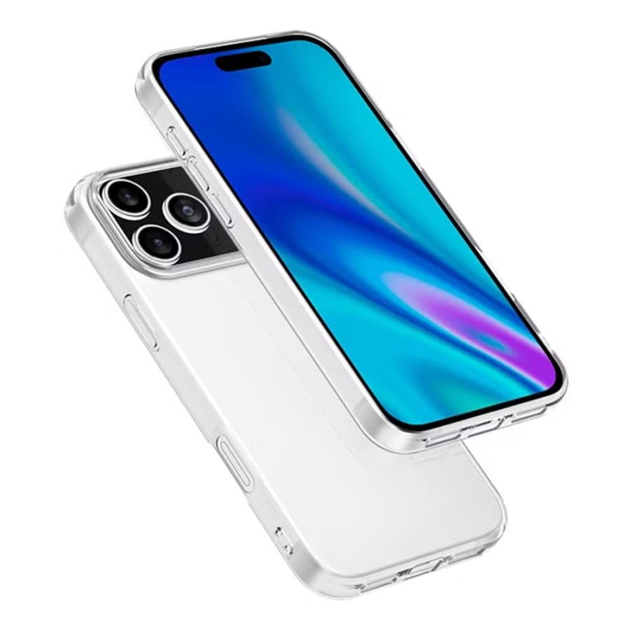 Clear protective case for iPhone 17 Pro with built-in screen protector from 9eight5, showing the slim, transparent design.