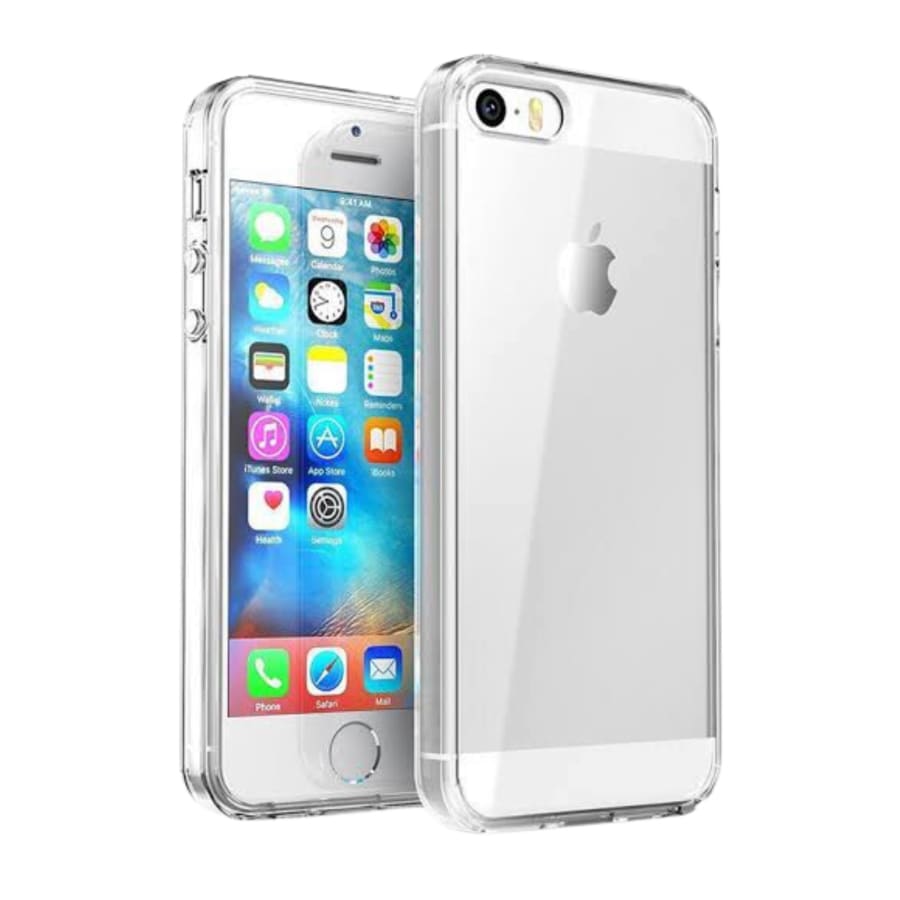 Clear silicone case for iPhone 5, 5s, and SE (2016) by 9eight5, showing a slim, transparent protective cover on the phone.