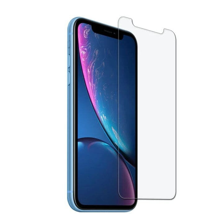 Set of two 9eight5 iPhone XR screen protectors, clear tempered glass covers for full-screen protection and scratch resistance.
