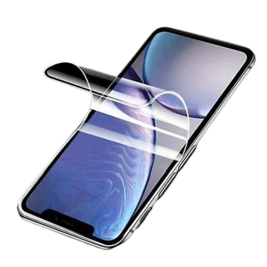 Hydrogel screen protector for iPhone XS Max by 9eight5, showing the clear, flexible film covering the phone screen.