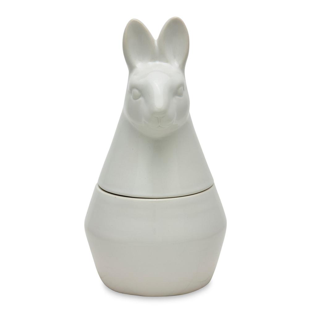 White rabbit-shaped canister from sue-e furniture, featuring a smooth surface and cute rabbit design for kitchen or decor use.