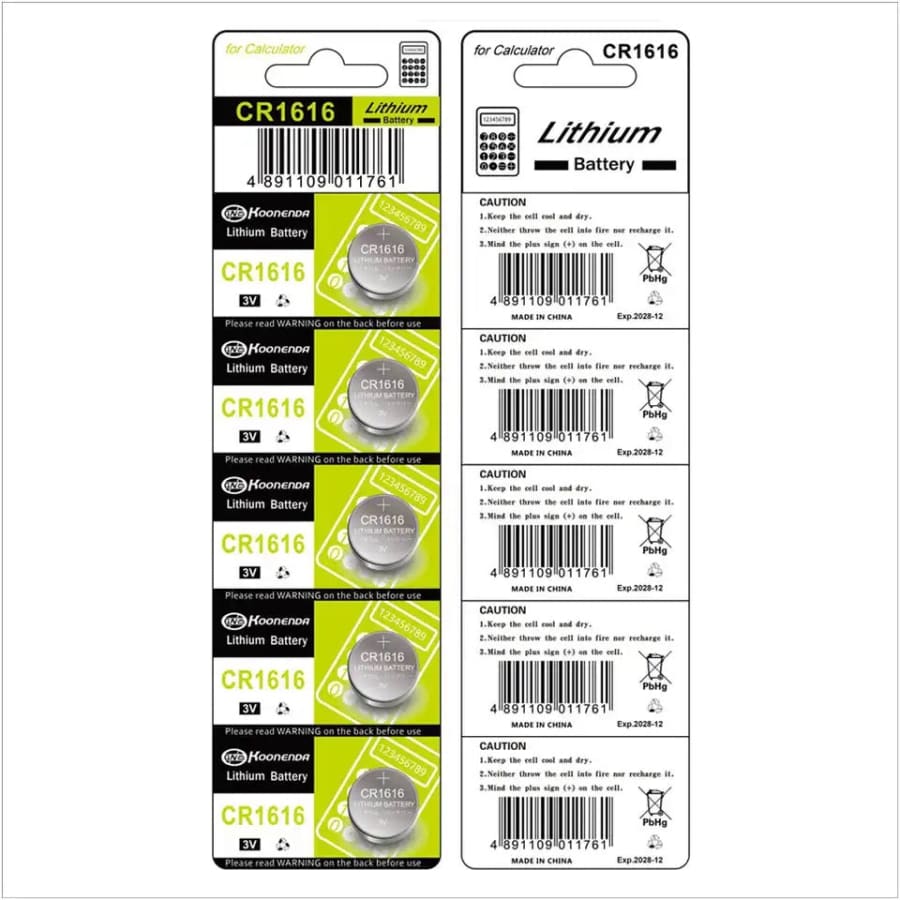 Five lithium coin batteries, CR1616 and DL1616, for watches, suitable for Koonenda timepieces, in a compact pack.
