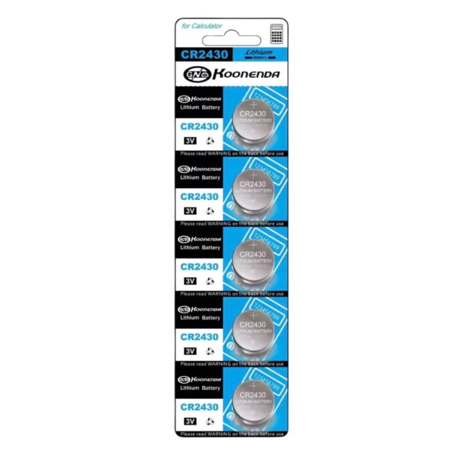 Set of five Koonenda CR2430 watch batteries from That Watch Shop, compact and reliable power sources for various watches.