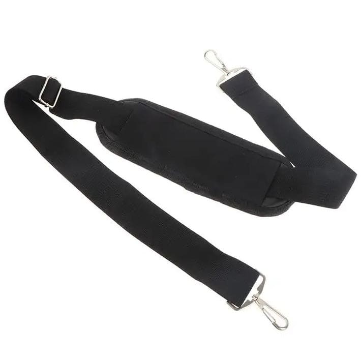 Black 9eight5 laptop bag strap with adjustable length and padded shoulder for comfortable carrying of laptop accessories.