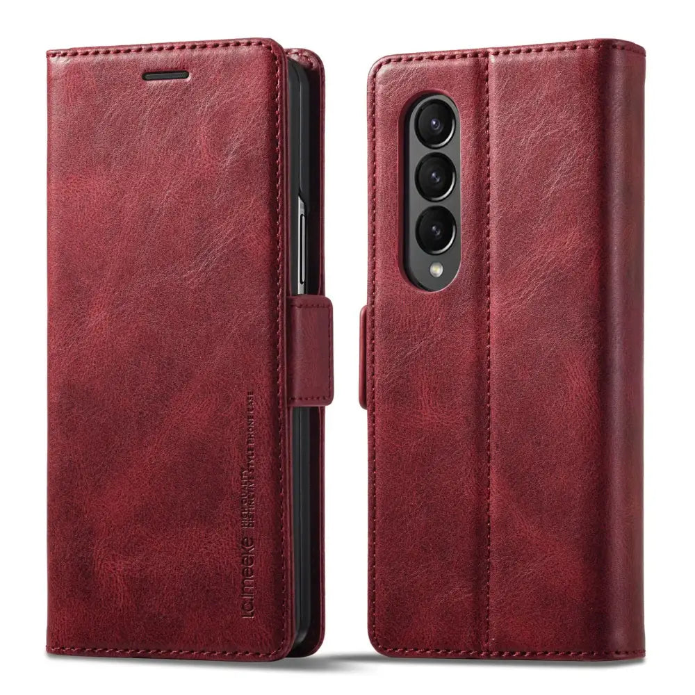 Habicare 9eight5 leather case for Samsung Galaxy Z Fold7 in red, showcasing a stylish protective cover with multiple color options.