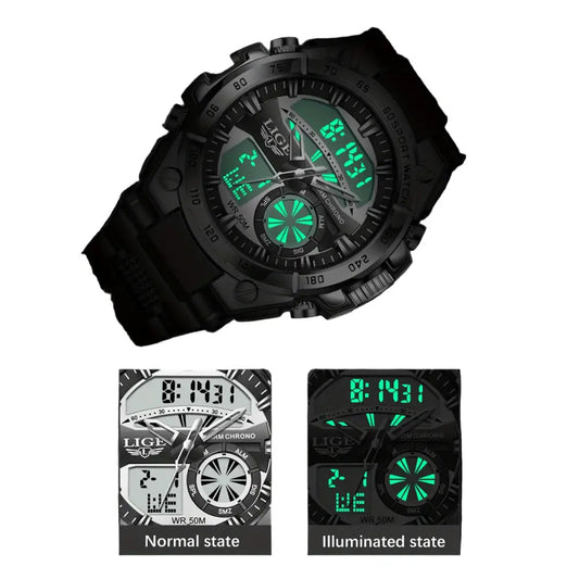 LIGE Men's Digital Sports Watch – LED Display, Quartz Movement, Stopwatch (4 designs available) Habicare