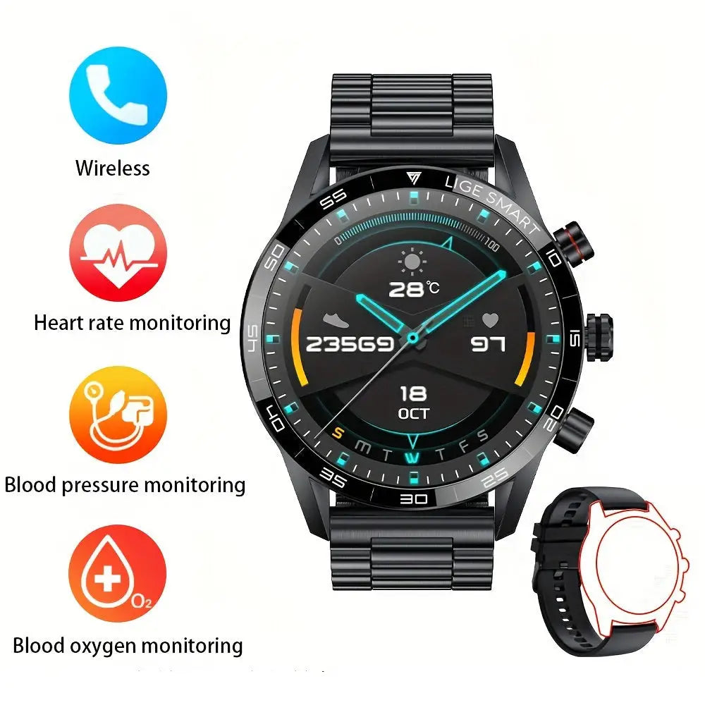 Habicare LIGE smart watch with 1.32-inch full touch screen, call reminder, fitness and life tracking in black and silver.