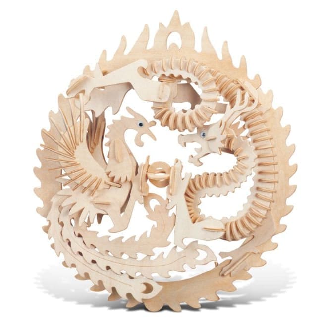 Detailed image of the 9eight5 Lucky Dragon & Phoenix 3D Puzzle assembled, showcasing intricate dragon and phoenix designs.