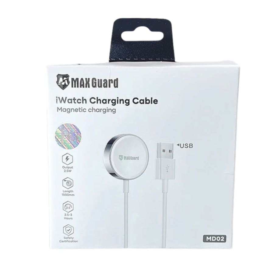 Wireless charger for Apple Watch by Maxguard, with magnetic USB cable, compatible with Apple Watch models.