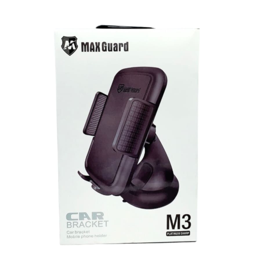 Maxguard M3 dashboard phone holder mounted on a car dashboard, securely holding a smartphone for easy access.