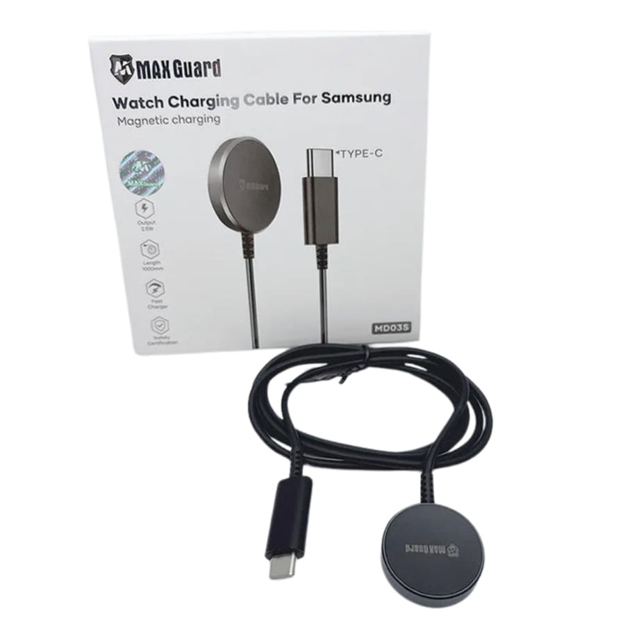 Maxguard wireless charger for Samsung Galaxy Watch with Type C magnetic USB connection, compact charging accessory.