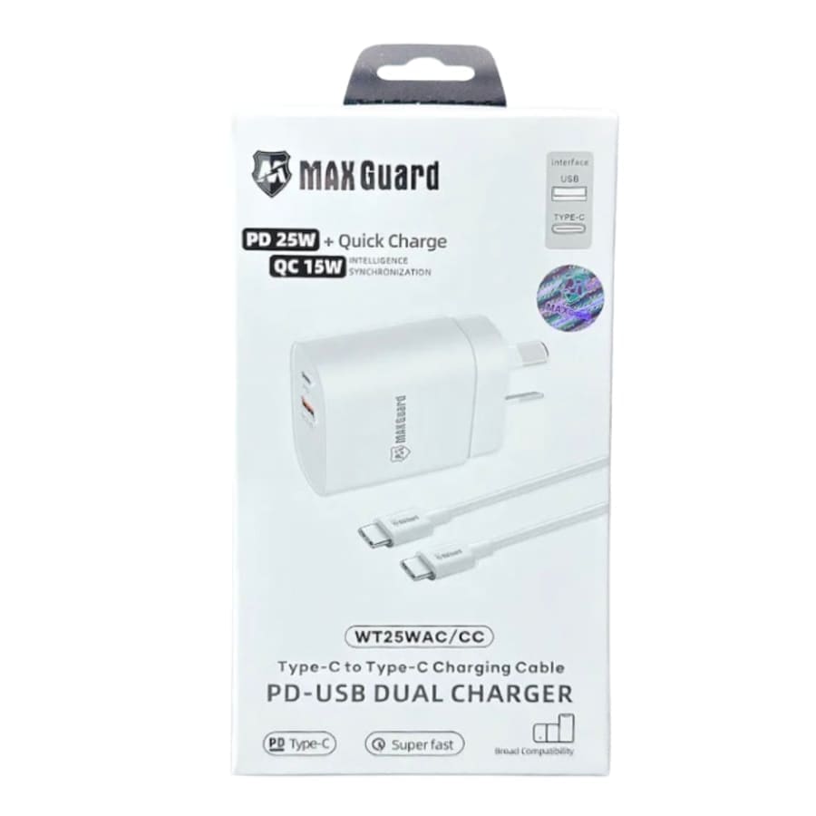 Maxguard Type C and USB power adapter wall plug with Type C to Type C cable for NZ and AUS power outlets.