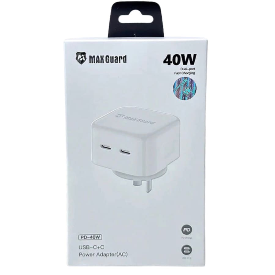 Maxguard Type C power adapter wall plug with two USB-C ports, white 40W charger for NZ and AUS outlets.