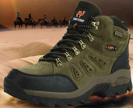 Unisex high-top outdoor hiking shoes by Mead's Supply & Equipment, waterproof trail boots in brown and orange for all terrain.