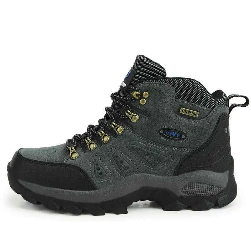 Unisex brown-orange waterproof high-top hiking shoes by Mead's Supply & Equipment Outfitters for outdoor trail walking.