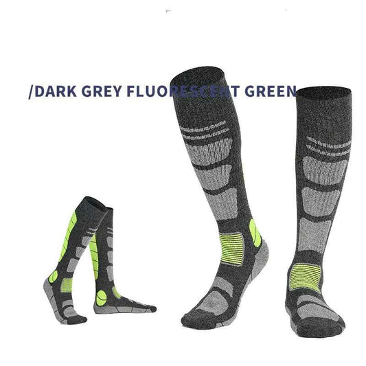Over-the-knee wool hiking socks by Mead's Supply & Equipment, dark grey and black, brushed high tube trail socks for outdoor adventures.