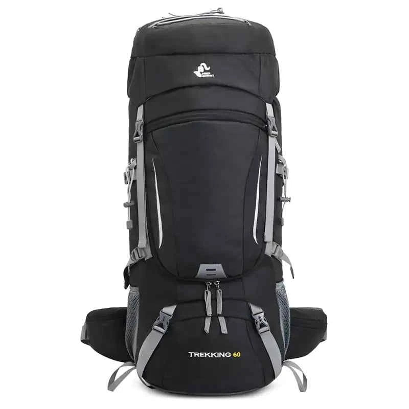 Blue 60L water-repellent hiking backpack by Mead's Supply with rain cover, large capacity outdoor pack for adventures.