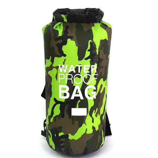 Orange camouflage PVC waterproof dry bag by Mead's Supply & Equipment Outfitters, outdoor waterproof storage for camping and water sports.