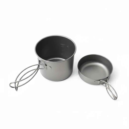 Titanium camping cookware set with 1100ml pot and 350ml pan, folding handles, ultralight backpacking gear by Mead's Supply & Equipment