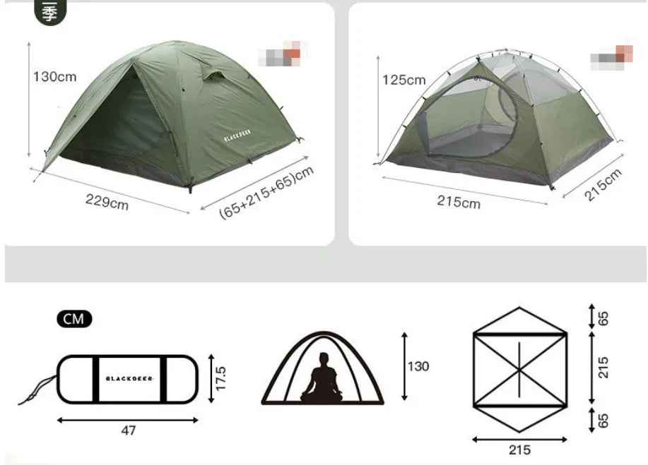 BlackDeer double-layer camping tent by Mead's Supply & Equipment for 2-3 people, waterproof, with aluminum poles, suitable for 3-4 seasons.