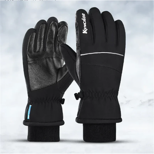 Black thickened ski gloves by Mead's Supply & Equipment Outfitters, designed for cold sports, with touch screen compatible features.