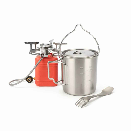 Complete camp kitchen bundle from Mead's Supply with pot, burner, and titanium utensils for camping outdoor cooking.
