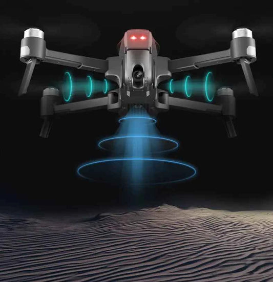 Mead's Supply & Equipment GPS drone with foldable design, 4K HD camera, showing aerial photography capabilities and compact storage.
