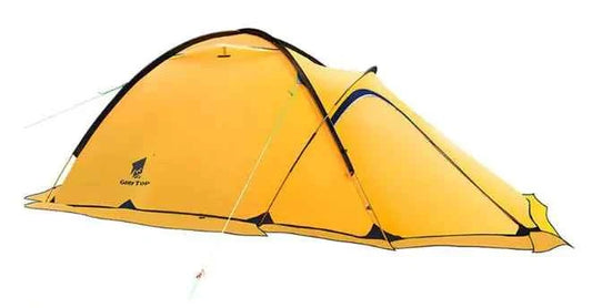 Yellow winter double-layer waterproof camping tent by Mead's Supply for 2 hikers, ideal for 4-season hiking shelter.