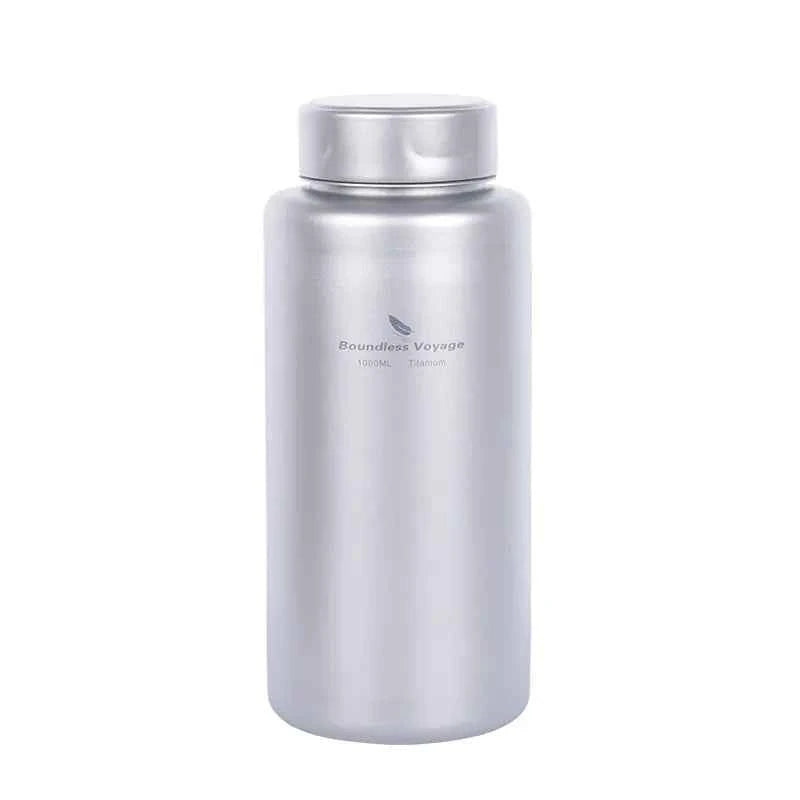 Titanium outdoor water bottle by Mead's Supply, 1000ml lightweight camping flask, leak-proof drinkware for hiking and camping.