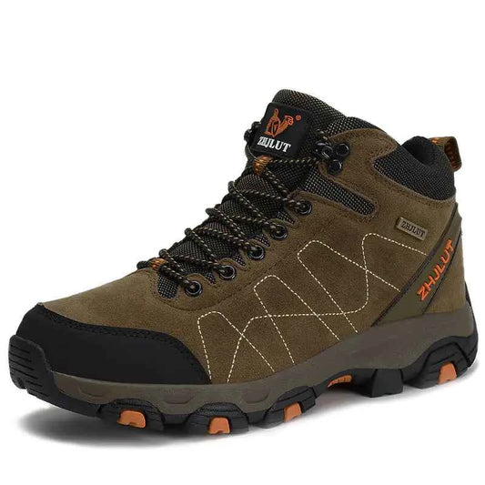 Green high-top cotton boots for couples, winter hiking footwear by Mead's Supply & Equipment Outfitters, showing sturdy outdoor shoes.