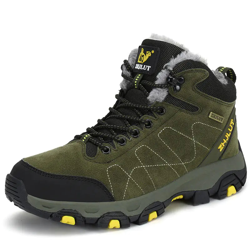 Green high-top cotton boots for couples, winter hiking shoes by Mead's Supply & Equipment Outfitters, showing rugged footwear design.