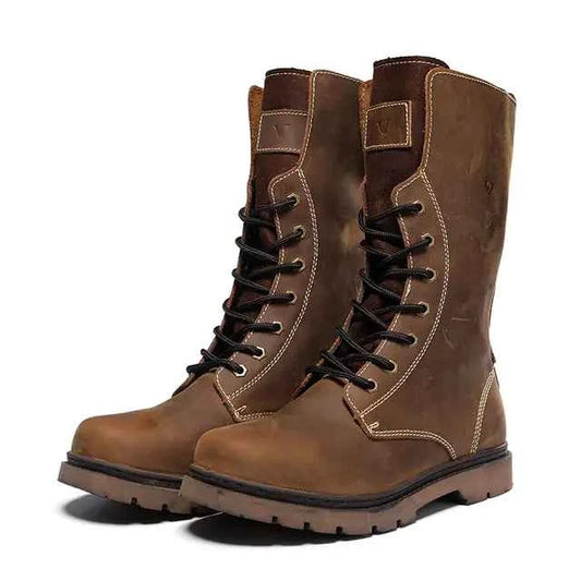 Men's waterproof leather Martin boots in khaki, designed for hiking and combat, with rugged sole and durable leather construction.