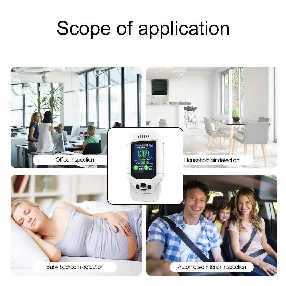 Mead's Supply professional air quality monitor with LCD display measuring PM2.5 and HCHO for health and safety detection.