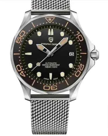 Mead's Supply & Equipment Outfitters men's waterproof Chrono Edge luminous watch with black leather and steel strap options.