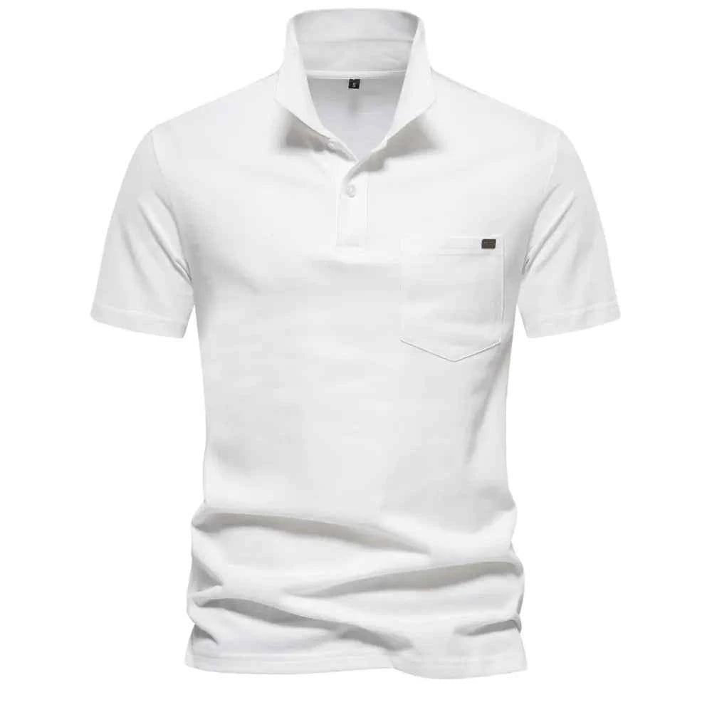 Men's black 100% cotton polo shirt with short sleeves and pocket, casual summer wear from Mead's Supply & Equipment Outfitters.