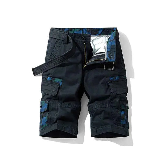 Men's green 100% cotton cargo shorts by Mead's Supply & Equipment Outfitters, knee-length outdoor summer wear, casual and comfortable.