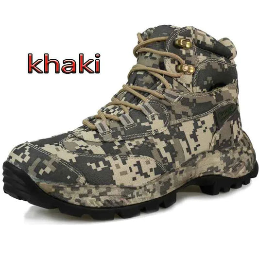 Men's off-road hiking boots by Mead's Supply & Equipment Outfitters, durable camouflage tactical outdoor footwear in black.