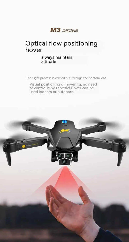 Orange and black UAV three-camera HD drone with optical flow positioning and obstacle avoidance, outdoor electronics from Mead's Supply.