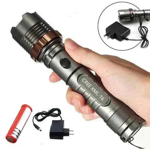 Mead's Supply T6 LED tactical flashlight with adjustable focus, rechargeable battery, and five lighting modes for outdoor use.