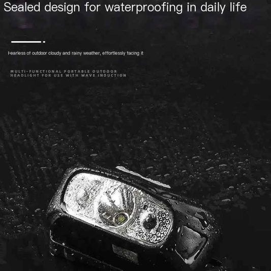 Rechargeable LED headlamp with motion sensor by Mead's Supply & Equipment Outfitters, black outdoor lighting with hands-free design.