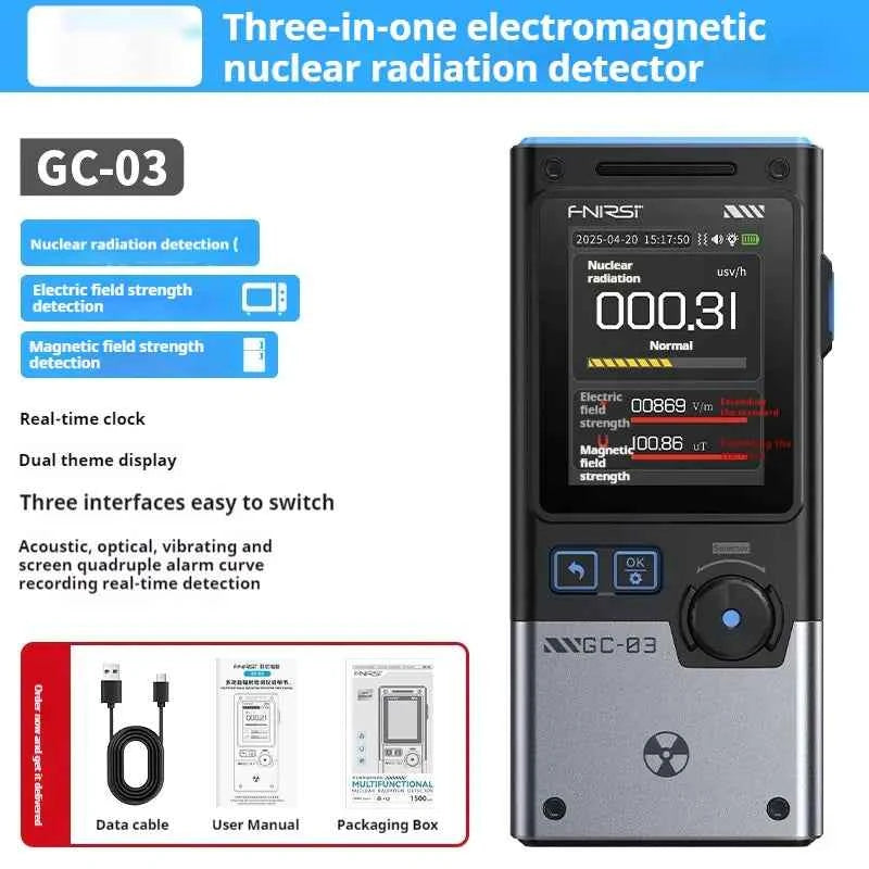 Mead's Supply & Equipment nuclear radiation detector with Geiger tube, 2.4" color screen, dose alarm, black survival gear device