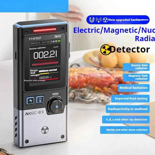 Mead's Supply & Equipment nuclear radiation detector with Geiger tube, 2.4" color screen, electromagnetic detection, and dose alarm.