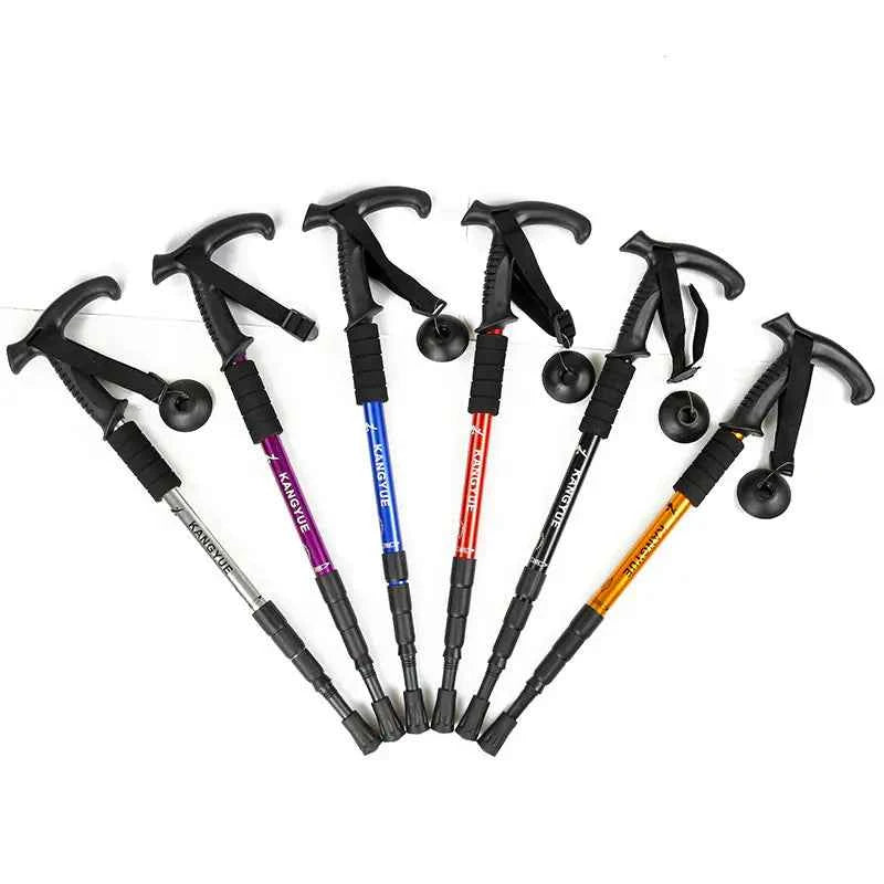 Dark purple outdoor folding trekking poles by Mead's Supply & Equipment Outfitters, lightweight 4-section aluminum alloy hiking sticks.