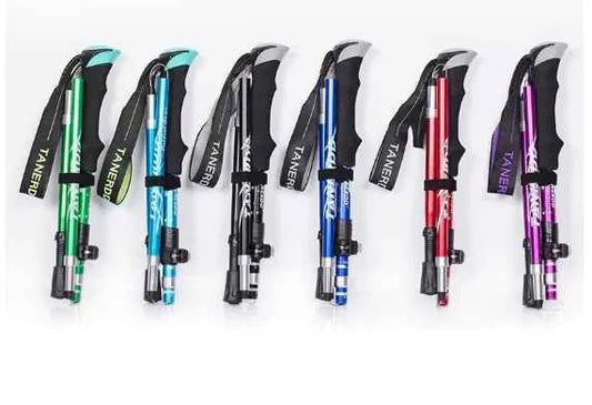 Blue ultra-light 5-section aluminum alloy trekking pole by Mead's Supply & Equipment Outfitters, with adjustable folding design for hiking.