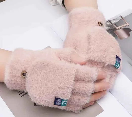 Brown and gray women's convertible fingerless gloves with warm fleece lining, designed for winter as versatile winter accessories.
