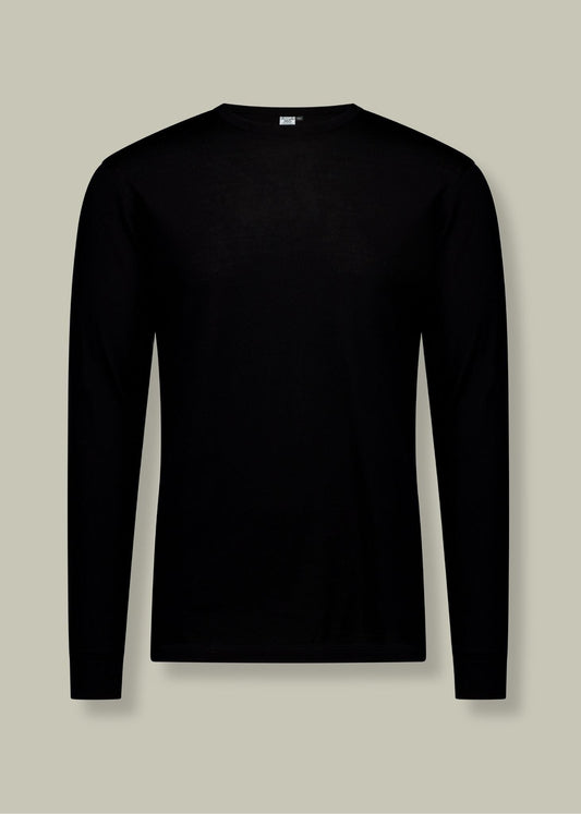 Black men's long sleeve shirt by Merino 365 NZ, made from 100% Merino wool, featuring a sleek and comfortable fit.
