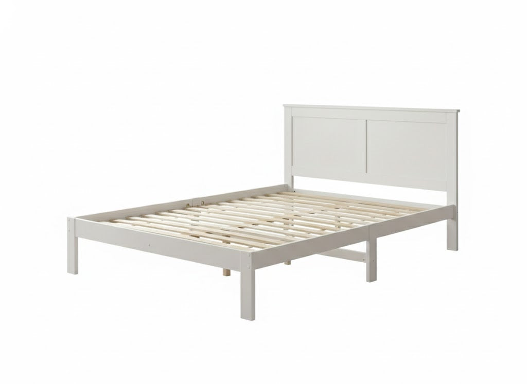 White Queen-sized Metro solid pine bed frame by sue-e furniture, showcasing a sturdy, minimalist design with clean lines.